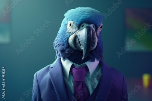 Anthropomorphic parrot dressed in a suit like a businessman. Business Concept. AI generated, human enhanced photo