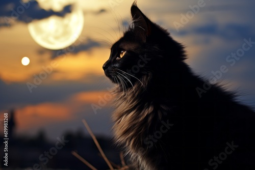 Black cat on the background of the moon as a symbol of superstition. AI generated, human enhanced