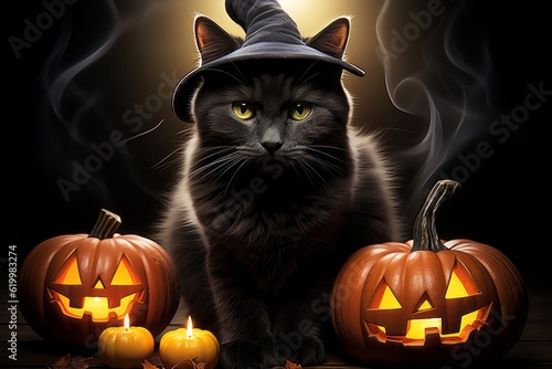 Black cat as a symbol of superstition and pumpkin. Halloween concept. AI generated, human enhanced © top images