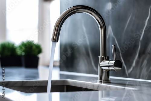 Close-up of a kitchen faucet with running water. Modern kitchen interior design concept. AI generated, human enhanced