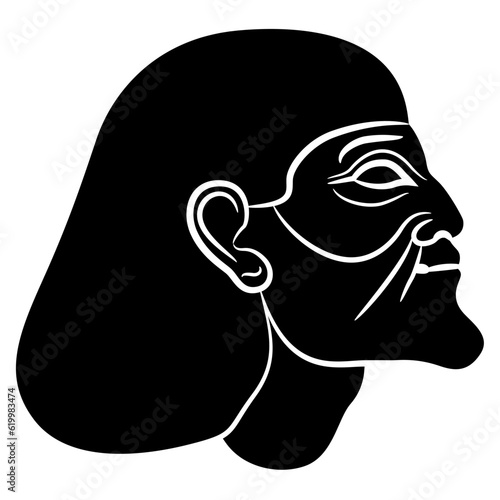 Head of an Asian man. Portrait of a bearded Semite. Ancient Egyptian ethnic design. Black and white negative silhouette.