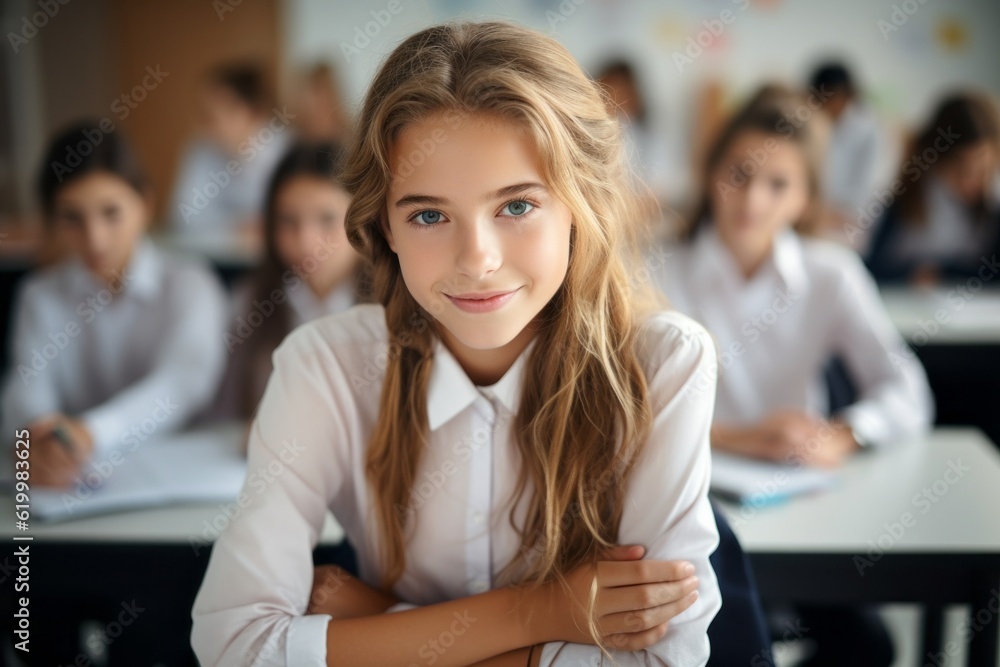 A girl of white Caucasian appearance in the classroom. Back To School concept. Background with selective focus A girl of white Caucasian appearance in the classroom. Back To School concept. Background with selective focus