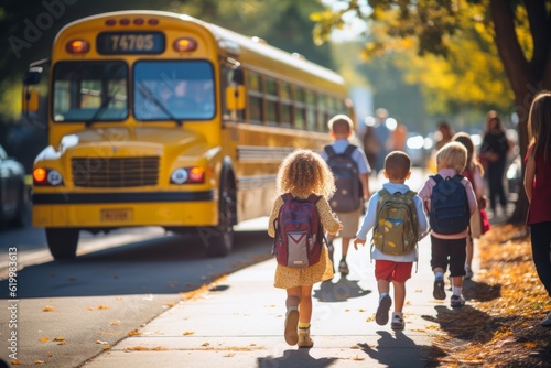Children or schoolchildren on a blurred background of the bus. Back To School concept. Background with selective focus