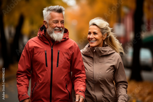 A man and a woman  a couple of adult active people walk in the autumn park. Background with selective focus