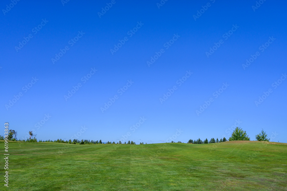 Fototapeta premium Relaxing day on the golf course, fairway grass running up to clear blue sky, recreation and challenge on a sunny summer day 