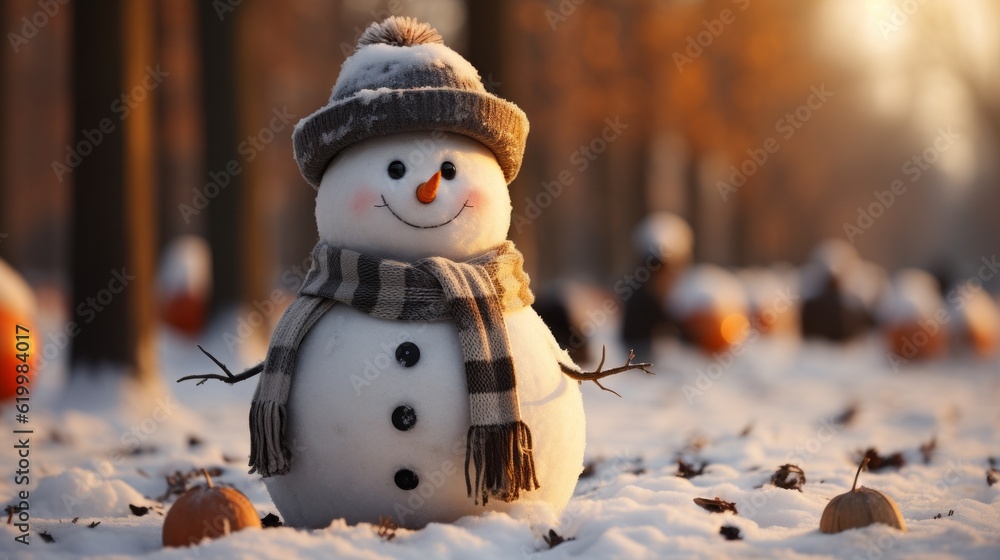 Obraz premium A cute snowman in the winter sun with hat and scarf. Generative AI. 