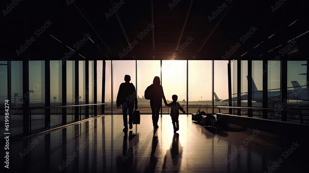 Family travelling with young child walking to departure gate,  silhouette of people, travel concept