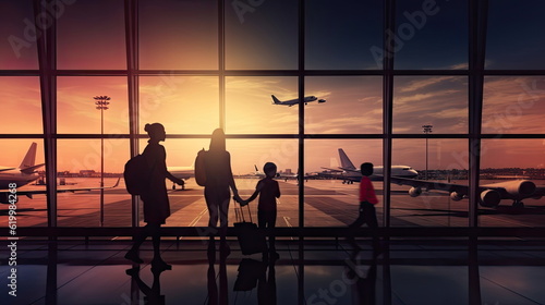 Family travelling with young child walking to departure gate, silhouette of people, travel concept