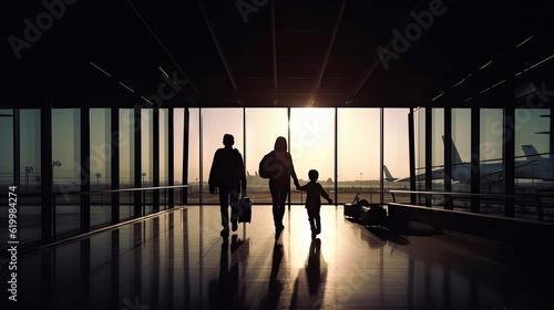 Family travelling with young child walking to departure gate, silhouette of people, travel concept