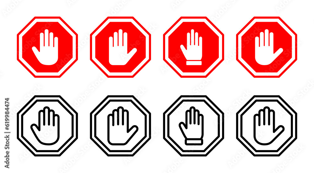 Stop icon set illustration. stop road sign. hand stop sign and symbol. Do not enter stop red sign with hand Stop icon set illustration. stop road sign. hand stop sign and symbol. Do not enter stop red sign with hand