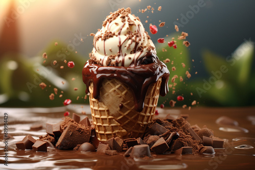 chocolate ice cream. ice cream cone. chocolate ice cream with chocolate. Generative AI