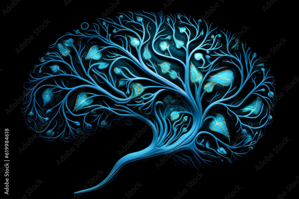 Simulated brain with blue branches on black background, in the style of layered fibers.