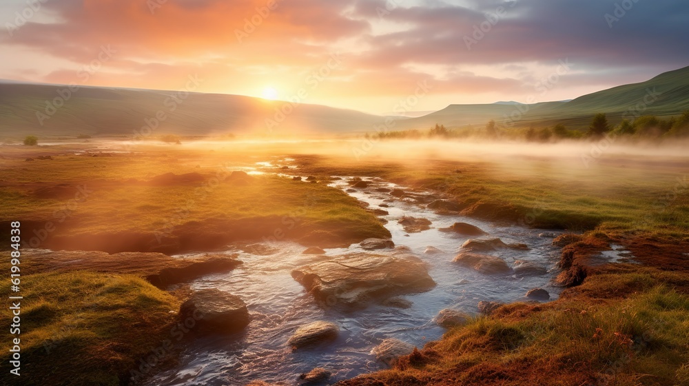 Unbelievable summer sunrise in Great Geysir valley. Colorful morning scene of the slopes of Laugarfjall hill.