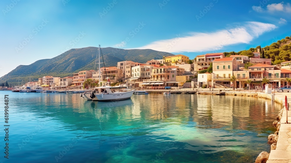 Colorful sunrise in Logari port with small fishing boat with Kyparissi village on background. Picturesque summer scene of Peloponnese peninsula, Greece, Europe.
