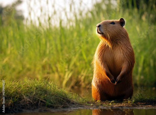 Brown capybara sitting by the lake with green forest background. High quality photo