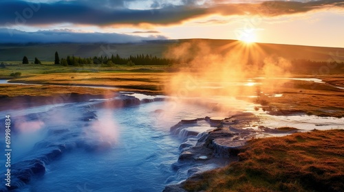 Unbelievable summer sunrise in Great Geysir valley. Colorful morning scene of the slopes of Laugarfjall hill.