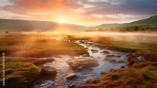 Unbelievable summer sunrise in Great Geysir valley. Colorful morning scene of the slopes of Laugarfjall hill. © Damerfie