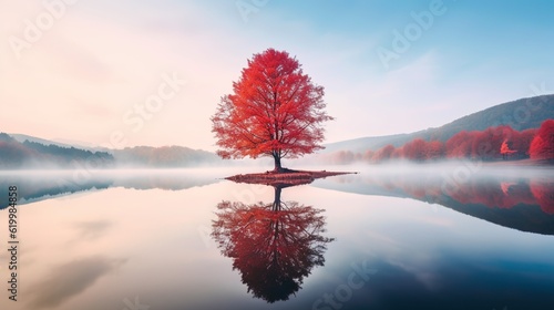 A beautiful Japanese red maple tree on a sunny autumn day on a lake isolated wallpaper