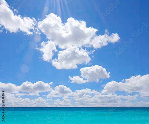 White Cloud Over Sea Water. Blue Sky and Ocean. Panorama of the turquoise Ocean. High quality photo