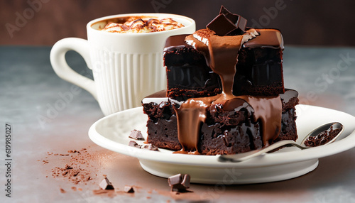 Obraz na plátne Brownies in stacked coffee cups with hot fudge chocolate sauce