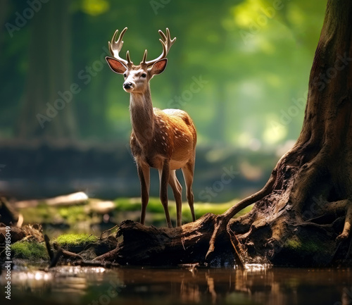 Beautiful deer in the forest. Wildlife scene from nature. Deer in the forest. High quality photo