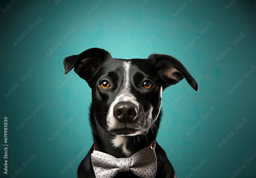 Illustration of a stylish black and white dog wearing a bow tie created with Generative AI technology Illustration of a stylish black and white dog wearing a bow tie created with Generative AI technology