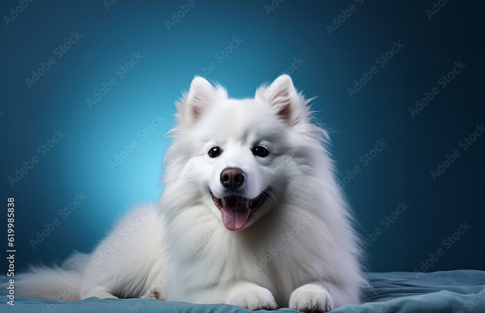 Illustration of a relaxed white dog resting on a vibrant blue blanket created with Generative AI technology Illustration of a relaxed white dog resting on a vibrant blue blanket created with Generative AI technology