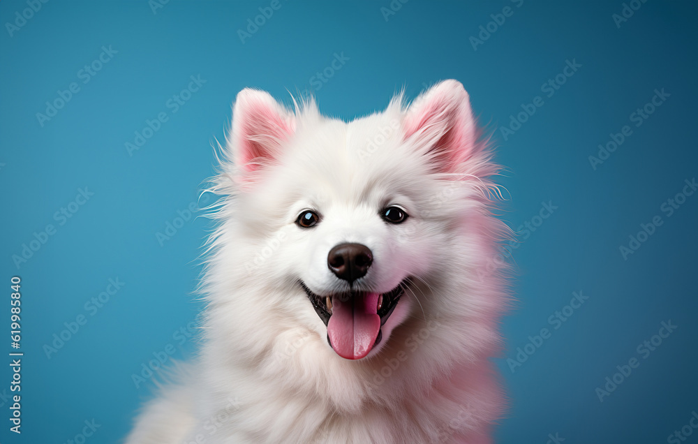 Illustration of a happy white fluffy dog sticking its tongue out created with Generative AI technology