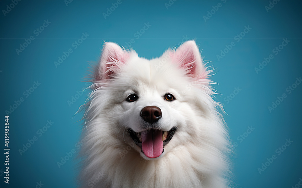 Illustration of a fluffy white dog with a blue background created with Generative AI technology Illustration of a fluffy white dog with a blue background created with Generative AI technology