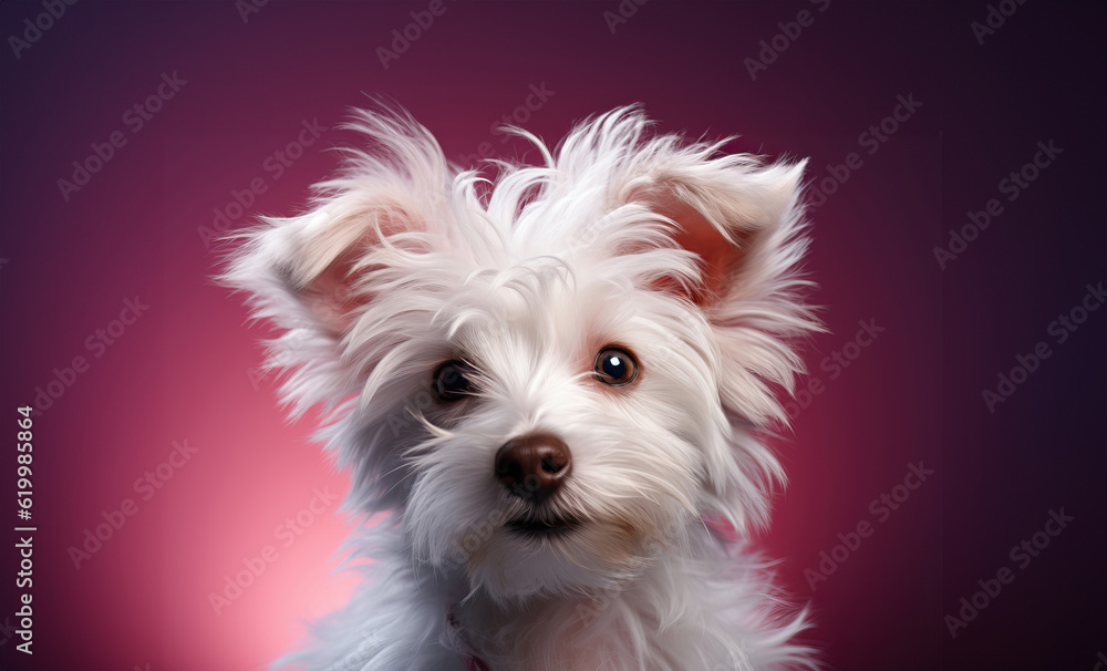 Illustration of a small white dog sitting in front of a pink background created with Generative AI technology Illustration of a small white dog sitting in front of a pink background created with Generative AI technology