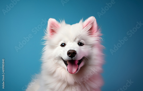 Illustration of a happy white fluffy dog sticking its tongue out created with Generative AI technology © Nedrofly