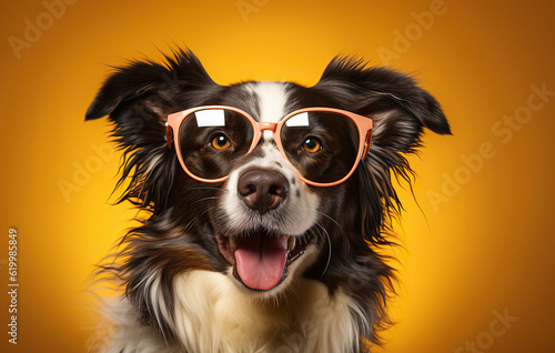 Illustration of a black and white dog wearing pink glasses created with Generative AI technology © Nedrofly