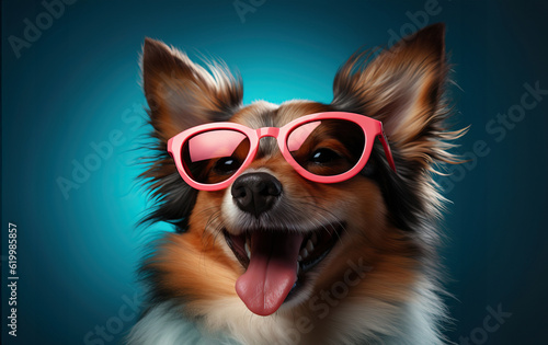 Illustration of a playful dog wearing pink sunglasses and sticking its tongue out created with Generative AI technology © Nedrofly