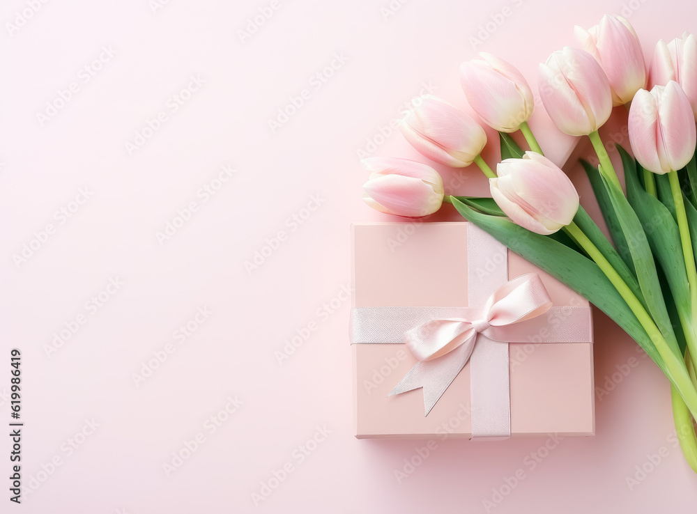 Pink tulips and giftbox with a ribbon on a pink background. Pink tulips and giftbox with a ribbon on a pink background.