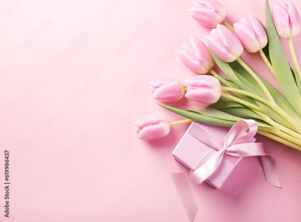 Pink tulips and giftbox with a ribbon on a pink background.