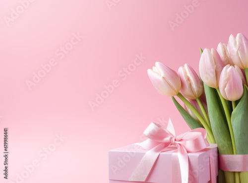 Pink tulips and giftbox with a ribbon on a pink background. © Saulo Collado