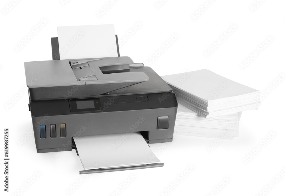Modern printer and stack of paper on white background Modern printer and stack of paper on white background