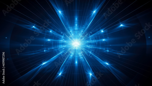 Abstract blue star with white light rays on dark blue background.