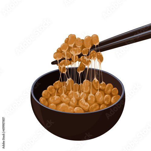 Vector illustration, natto in a bowl, natto is fermented soybean seeds with Bacillus subtilis, isolated on white background.