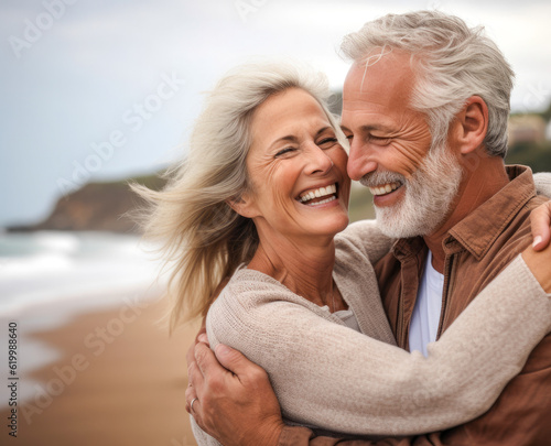 Joyful middle aged couple, a man and woman, sharing a loving hug on a beach, generative ai