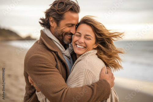 Canvas Print Joyful middle aged couple, a man and woman, sharing a loving hug on a beach, gen