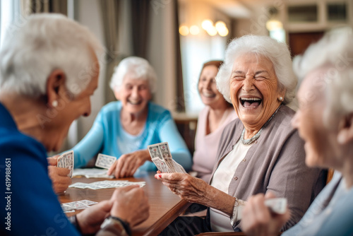 A joyful group of seniors playing cards and sharing a laughter in a retirement nursing home, camaraderie and enjoyment create a warm and lively atmosphere, generative ai photo
