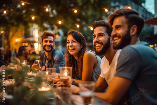 Group of friends laughing and enjoying dinner at outdoor restaurant during summer  generative ai