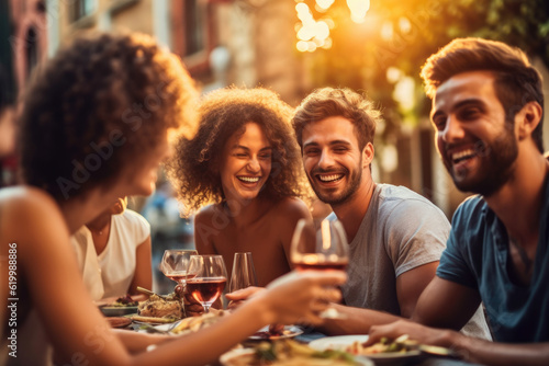 Group of friends laughing and enjoying dinner at outdoor restaurant during summer  generative ai