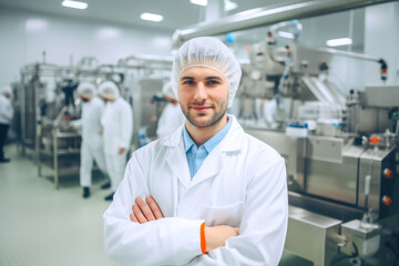 Shot of caucasian male technologist at a food factory and doing quality control, generative ai