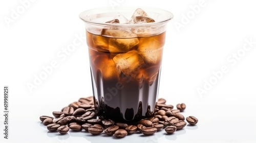 Tasty ice coffee drink with ice cubes in a wet cold glass with a black straw on the dark table in the outdoor cafe on the blurred background with text space can use for advertising, ads, branding