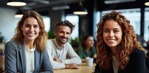 Two Smiling attractive confident entrepenour professional women posing at their business office with their coworkers and employees in the background