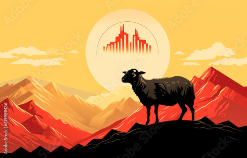 A sheep standing on top of the mountain on a sunny background, Islamic goat celebrating Eid al-Adha.