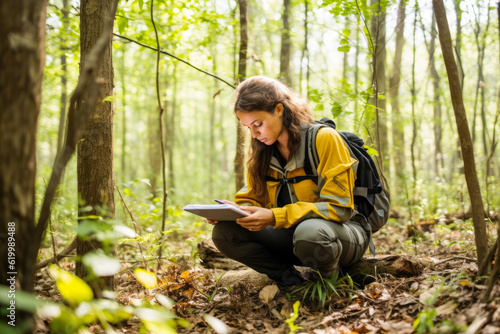 Female environmental conservation surveyor in the forest, recording data as part of field research, showcasing commitment to preserving nature and sustainability photo
