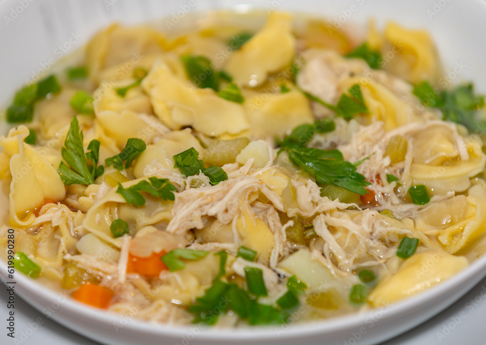 Traditional chicken agnolini (capeletti) soup. winter soup Traditional chicken agnolini (capeletti) soup. winter soup
